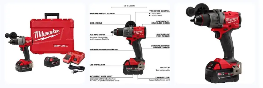Milwaukee M18 FUEL Gen 4 Hammer Drill product showcase featuring the tool kit, technical specifications diagram, and close-up profile view for masonry and concrete drilling. Best Drill For Concrete Walls