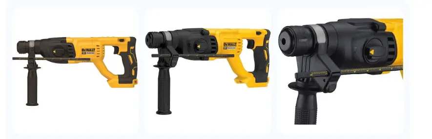 Three views of the DeWalt 20V MAX XR SDS-Plus Rotary Hammer, showing profile, three-quarter angle, and a close-up of the chuck and mode selector, highlighting its capability as a heavy-duty option for the best drill for concrete walls.