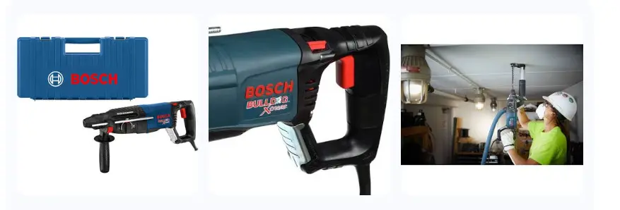 Three views of the Bosch Bulldog Xtreme GBH2-28L SDS-plus Rotary Hammer, showing the complete tool and case, a close-up of the handle with dust extraction accessory, and an in-action shot of an operator drilling into a concrete ceiling. This combination highlights why it's a top choice for the best drill for concrete walls in demanding projects.