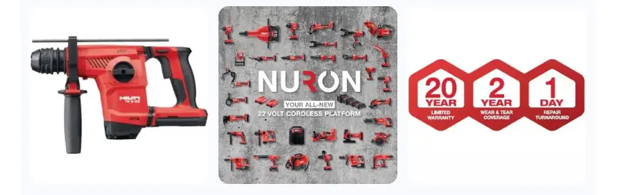 A three-panel image featuring the Hilti TE 6-22 Nuron cordless rotary hammer with Active Vibration Reduction (AVR), a grid showcasing the extensive Nuron 22V cordless tool platform, and a service graphic highlighting Hilti's 20-year limited warranty, 2-year wear-and-tear coverage, and 1-day repair turnaround.