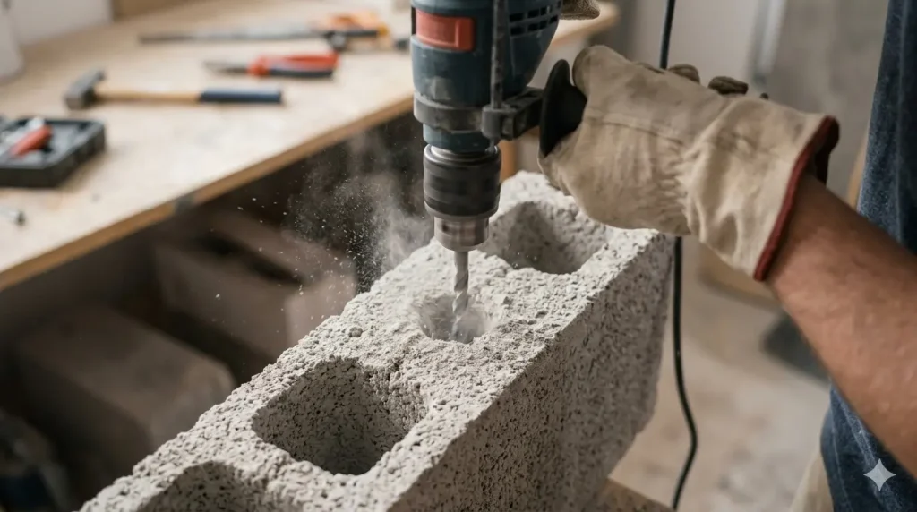 A close-up photograph looking down at a user's gloved hands stabilizing a standard, rotation-only driver drill (not a hammer drill) as the simple masonry bit sinks about one inch deep into a light grey cinder block mortar joint. Fine concrete dust is visibly kicking up and collecting around the hole. The texture of the porous cinder block and the metal drill chuck are in sharp focus.