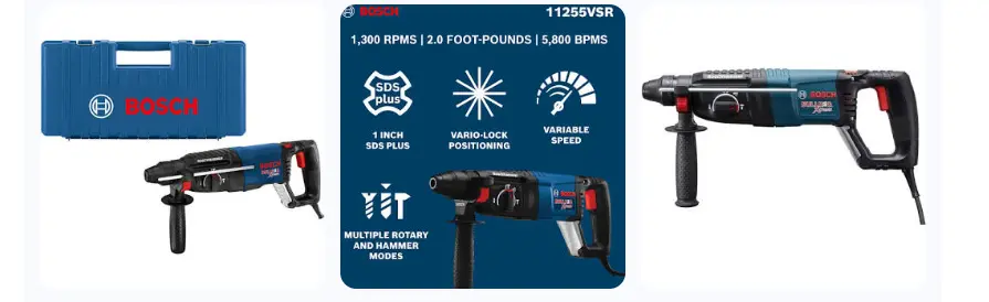 Three-panel graphic of the Bosch 11255VSR Bulldog Xtreme Rotary Hammer featuring its blue hardshell carrying case, a specification breakdown of 2.0 foot-pounds of impact energy and 5,800 BPM, and a full profile shot highlighting the D-handle design and SDS-plus chuck.