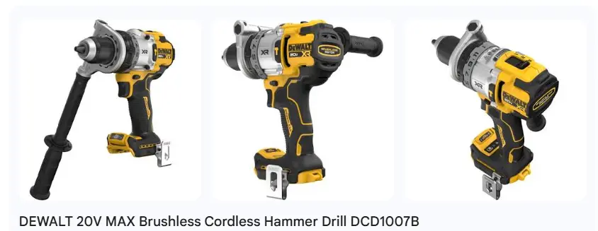 Three studio views of the DeWalt 20V MAX XR Brushless Hammer Drill (DCD1007B) showcasing the adjustable side handle, the 1/2-inch ratcheting nitro-carburized metal chuck, and the top-mounted 3-speed transmission selector.