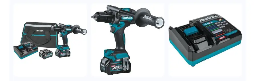 A three-panel image of the Makita GPH01 40V MAX XGT Brushless Hammer Driver-Drill, featuring a full kit with a tool bag and charger, a close-up of the tool with its extended side handle for torque management, and a detailed shot of the DC40RA rapid charger.