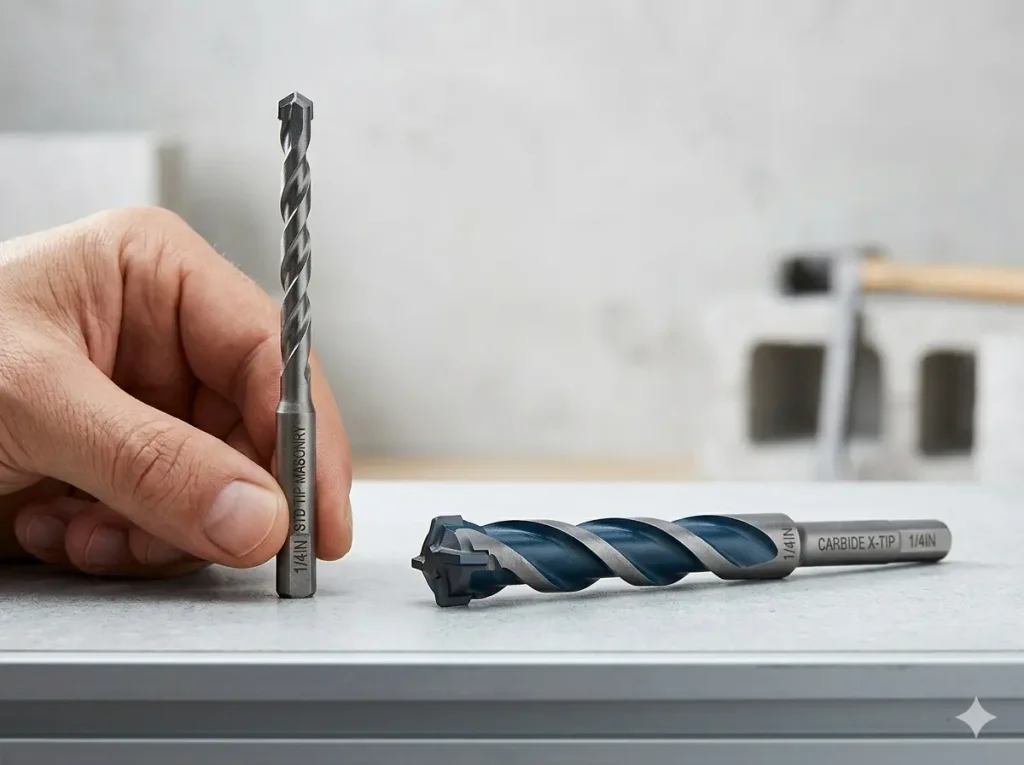 A detailed macro comparison photograph showing a regular, standard-tipped masonry drill bit used on cinder block in image_17.png, labeled "STD TIP MASONRY" (left), alongside a premium, multi-cutter head "CARBIDE X-TIP" masonry bit (right) necessary for efficient hammer drilling into hard concrete walls.