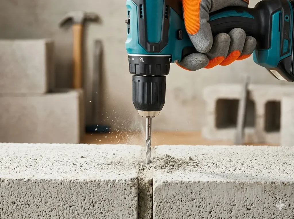 Can a Regular Drill Drill Into Concrete : A close-up photograph capturing a standard, rotation-only driver drill (not a hammer drill) successfully sinking a masonry bit into the mortar joint of a grey cinder block, illustrating the specific conditions under which a regular drill can work on concrete. 