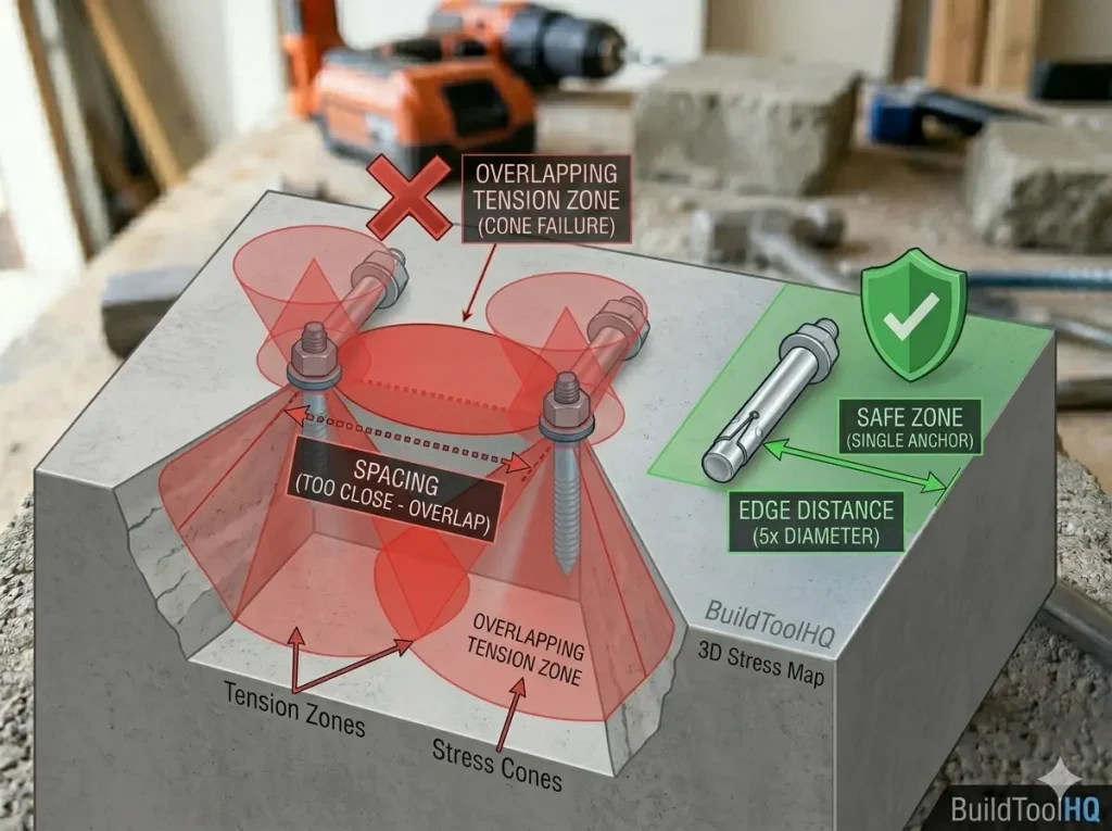 5 Essential Secrets for Concrete Anchor Spacing And Edge Distance Mastery: A detailed 3D technical stress map on a BuildToolHQ concrete block section. The visualization clearly labels overlapping tension zones and destructive concrete cone failure when mechanical wedge anchors are installed with improper spacing (too close). This diagram uses overlaid red graphical cones to illustrate cumulative forces, comparing it directly to a safe zone around a single, correctly placed anchor with independent green stress lines to demonstrate how proper spacing prevents cracking and blowout failure, all maintained within the series workshop context with the orange and black hammer drill.