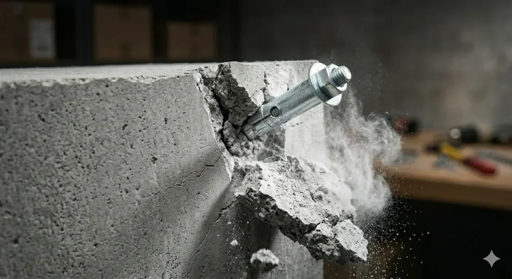 An extreme close-up photograph capturing catastrophic concrete edge failure on a rough, grey foundation wall, referencing the specific anchor model and texture from image_16.png. A single polished silver wedge anchor, identical to the style in image_16.png, is installed precariously close to the upper corner of the concrete slab. Instead of just a large crack, this image shows a substantial, complex section of the concrete corner completely sheared away, leaving a jagged, exposed fracture zone of broken aggregate. The wedge anchor, its expanding mechanism fully deployed and biting into the remaining solid material, is now completely exposed and hanging over the new edge. A heavy, prominent cloud of bright white concrete dust, contrasting sharply with the dark grey concrete, is suspended in the air around the fresh fracture. Small concrete chunks are visible below the failure. Dramatic work lighting from the right highlights the raw textures and destructive failure. The background is a softly blurred, dimly lit workshop workbench with tools and boxes.