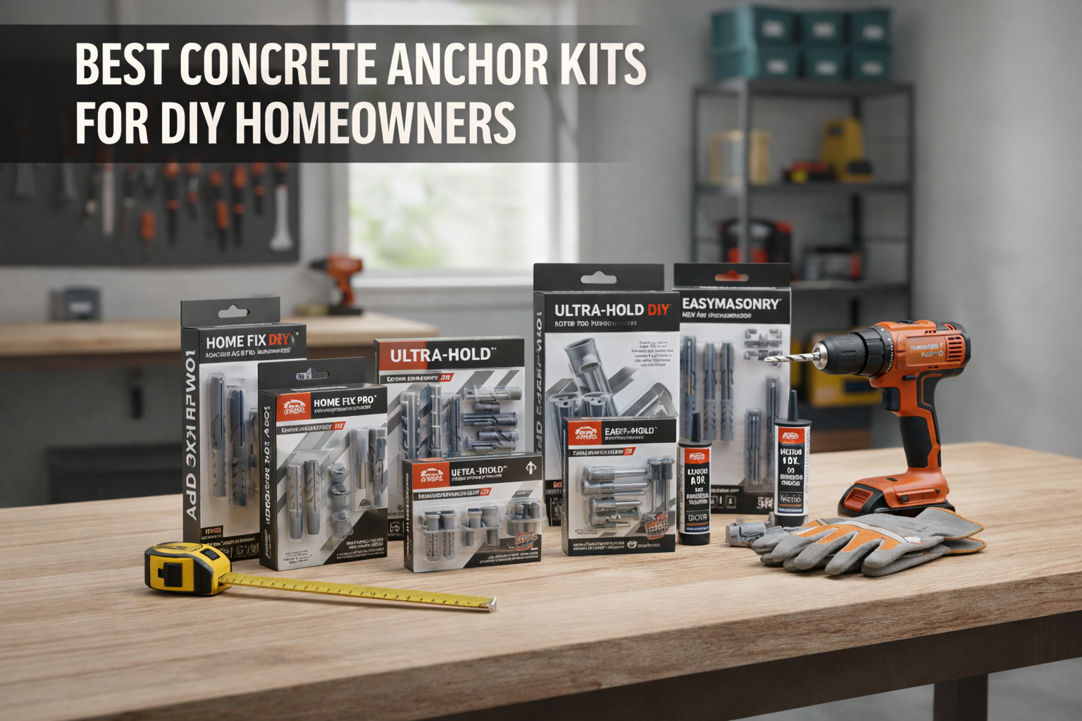A collection of various concrete anchor kits and masonry drill bits neatly organized on a workbench, featuring a clean, modern display of hardware for home improvement projects.