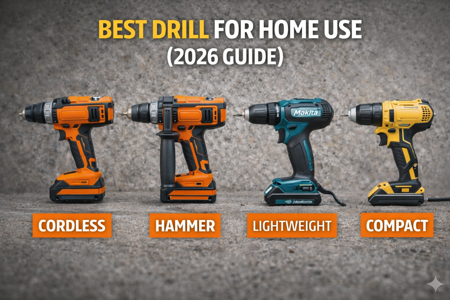 Different types of power drills for home use displayed side by side, including cordless, hammer, lightweight, and compact drills