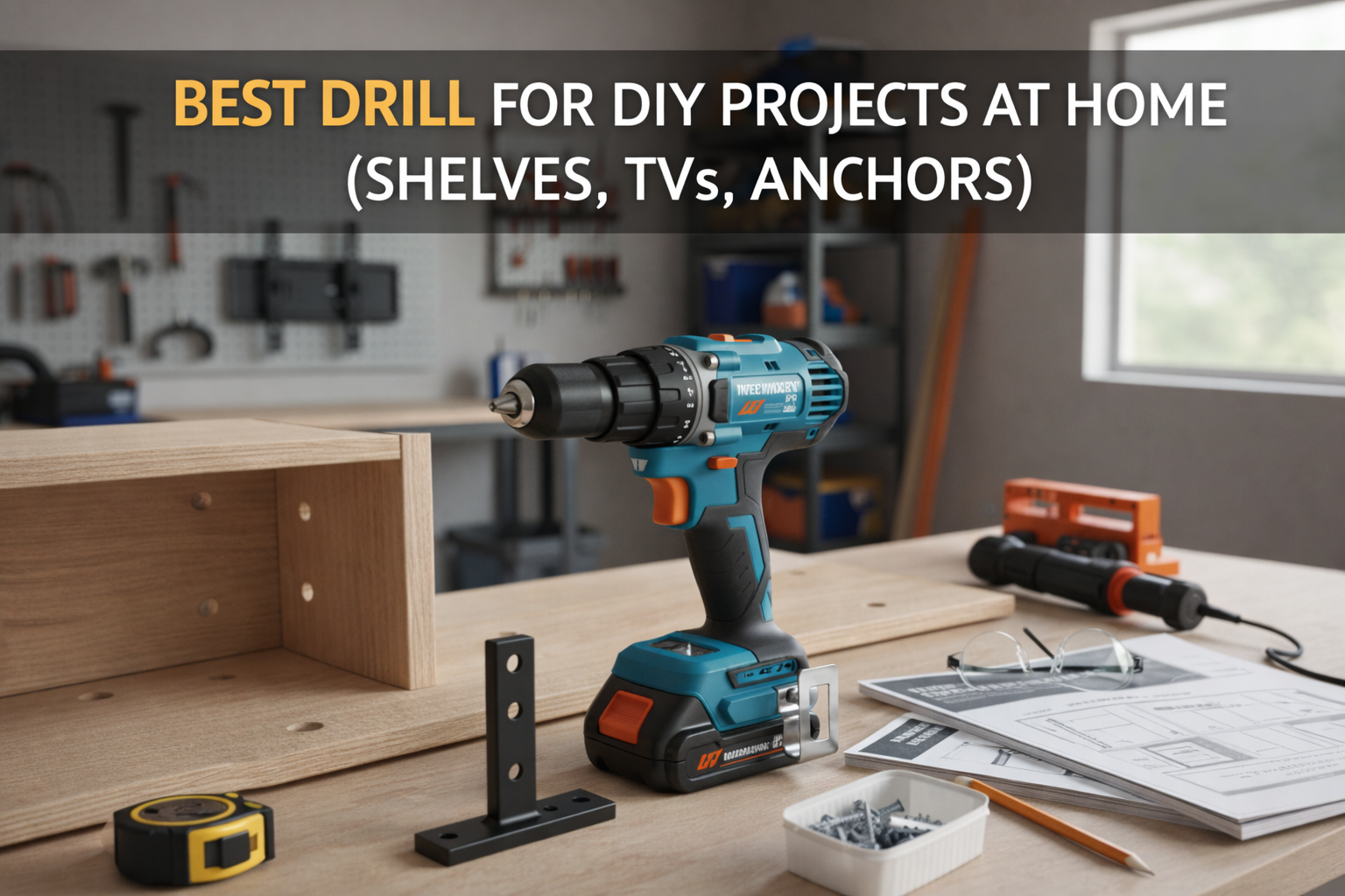 Cordless drill on a home workbench with shelf hardware, screws, and tools, showing the best drill for DIY projects at home