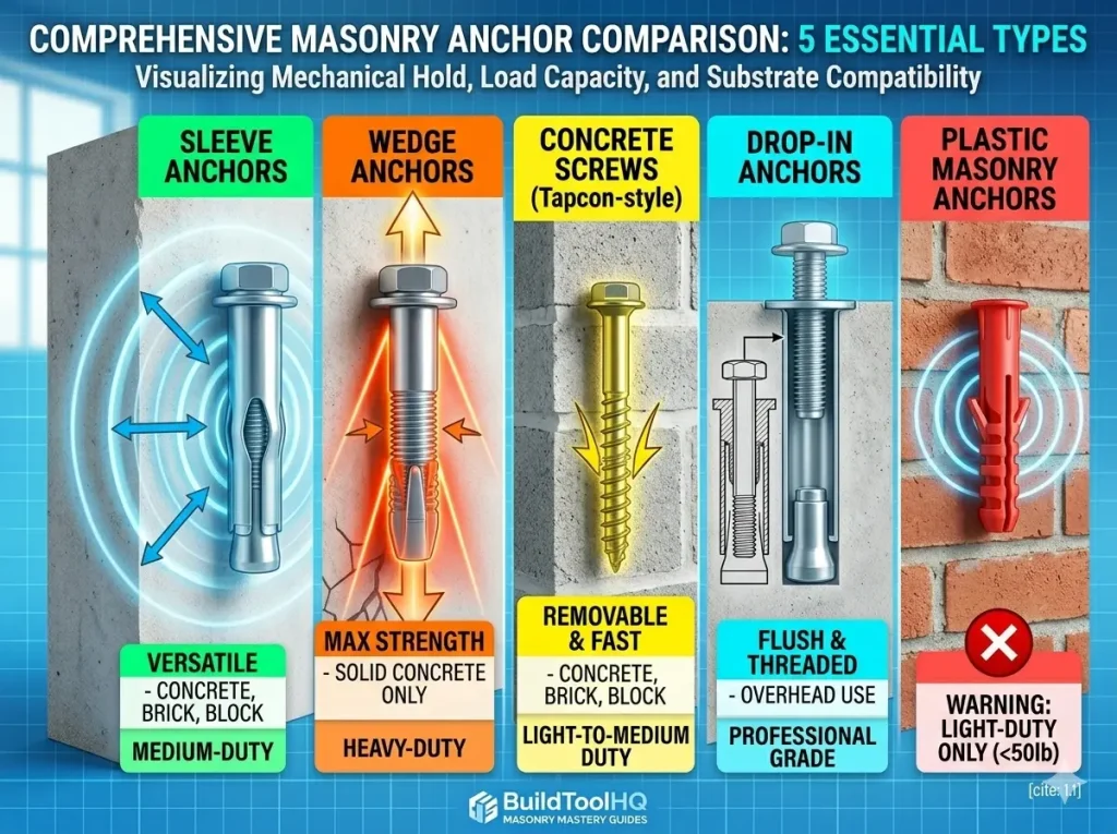 infographic comparison of 5 types of masonry anchors, including Sleeve, Wedge, Drop-In, Tapcon-style, and Plastic Plug. Each visualization shows the internal expansion mechanism, vivid tension cones (blue, orange, yellow, cyan, red), load vectors, and labeled text for substrate matching and load rating, set against a bright technical grid background with natural daylight and BuildToolHQ workshop continuity. Best Concrete Anchors for Home Use