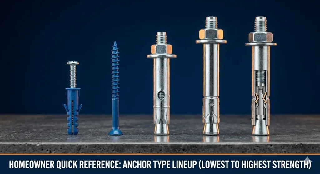 A professional "hero shot" studio photograph presenting a linear lineup of five common concrete anchor types, ordered from lowest to highest holding strength, referencing the specific models and textures from image_9.png and image_16.png. The lineup is set against a deep navy blue background with subtle orange gradient accents that make the metallic textures pop. From left to right, they are: 1. A small blue plastic plug anchor with a silver screw. 2. A vibrant blue 1/4" diameter Tapcon masonry screw. 3. A 3/8" diameter silver-zinc plated sleeve anchor (identical to the style in image_9.png). 4. A large 1/2" diameter polished silver wedge anchor (identical to the style in image_16.png). 5. A 1/2" diameter silver drop-in anchor with a detailed cross-section graphic overlay revealing its internal expanding plug mechanism. Each anchor is perfectly clean and oriented consistently. The lineup rests on a dark grey, polished concrete slab that matches the aggregate texture from image_16.png. Precise studio lighting emphasizes the contrasting finishes (blue plastic, blue coating, silver plating, polished metal). Below the lineup, a crisp white text banner reads: 'HOMEOWNER QUICK REFERENCE: ANCHOR TYPE LINEUP (LOWEST TO HIGHEST STRENGTH)'. The image is vivid and eye-catching.
