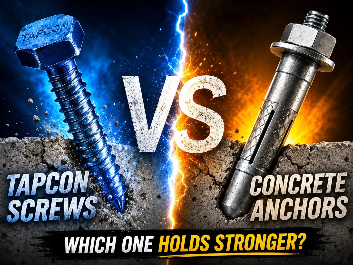 High-contrast comparison graphic showing a blue Tapcon screw versus a concrete anchor embedded in cracked concrete with dramatic lighting and bold “VS” text.