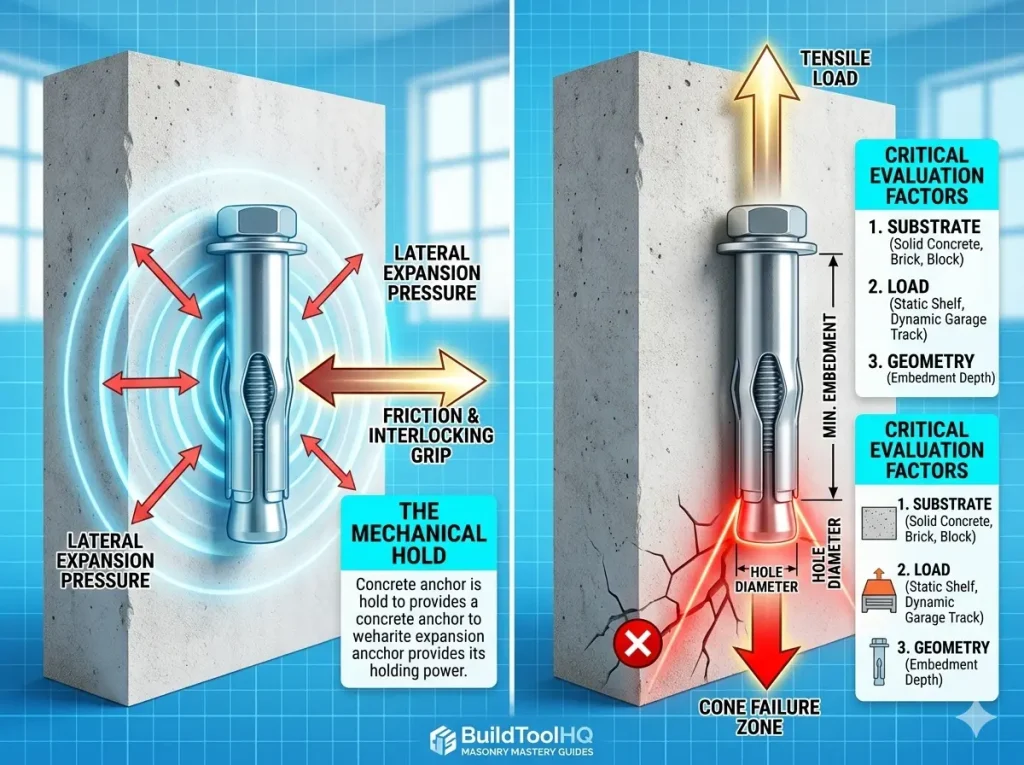 Technical diagram of a concrete expansion anchor in a split 4:3 infographic, defining THE MECHANICAL HOLD with radiating blue friction zones and red force arrows, and listing critical data for SUBSTRATE, LOAD, and GEOMETRY. Best Concrete Anchors for Home Use