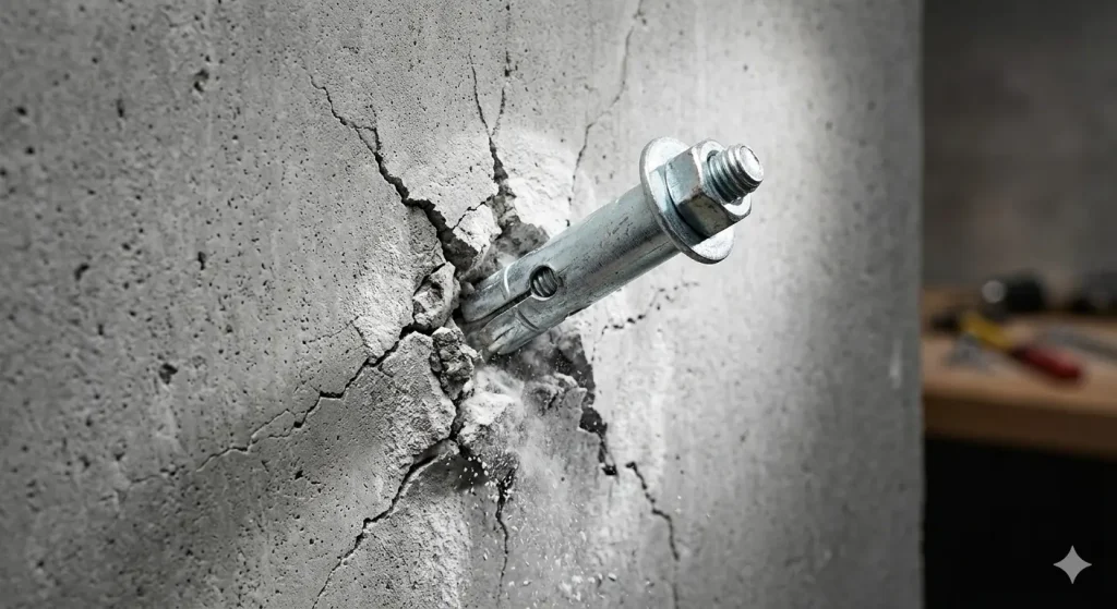 A dramatic, vivid close-up photograph of a silver sleeve anchor that has partially failed in a grey concrete wall. The central focus is the massive, star-shaped cracks spiderwebbing dramatically outward from the base of the anchor. A prominent cloud of stark white concrete dust contrasts sharply with the darker grey concrete, emphasizing the fracture and breakout failure. The scene is illuminated by a focused work light. How Much Weight Can Concrete Anchors Hold?