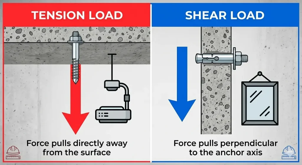 A high-contrast technical infographic split vertically. The overall background is the grey concrete texture established in image_8.png and image_9.png. The left side, labeled "TENSION LOAD" in bold white text on a bright red header banner, shows a wedge anchor (like image_8.png) installed in a concrete ceiling. A large, thick, vivid scarlet arrow points straight down, pulling directly away from the ceiling, representing tension. A high-quality graphic icon of a heavy overhead projector hangs from the anchor. The right side, labeled "SHEAR LOAD" in bold white text on a bright blue header banner, shows a sleeve anchor (like image_9.png) installed in a vertical concrete wall. A large, thick, vivid royal blue arrow points straight down, parallel to the wall, representing shear. A high-quality graphic icon of a heavy framed mirror hangs from the anchor. Small graphic icons of safety helmets and rulers are subtly integrated into the bottom corners of each panel. The lighting is bright and even, making the colors pop intensely. The diagram is clear, intuitive, and highly eye-catching.