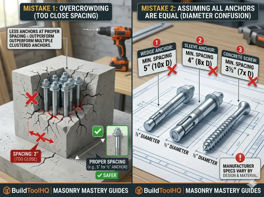 lysis: A 4:3 BuildToolHQ diagram. It compares common homeowner installation mistakes, specifically overcrowding (TOO CLOSE SPACING, left) causing concrete blowout with red stress fractures, against diameter confusion (right) on a blueprint, highlighting how manufacturer specs vary for different anchor types. Blurred workshop background features the orange and black hammer drill.