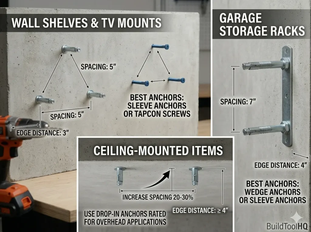 Essential Secrets for Concrete Anchor Spacing And Edge Distance Mastery: A comparative 3D illustration and educational chart, presented in a clean 4:3 aspect ratio, derived from image_20.png on a BuildToolHQ concrete block section. The visualization organizes three real-world concrete fastening scenarios: 'WALL SHELVES & TV MOUNTS' (top-left) with blue concrete screws in a triangular pattern showing 'SPACING: 5"' and 'EDGE DISTANCE: 3"', 'GARAGE STORAGE RACKS' (right) using steel wedge anchors with dimensions of 'SPACING: 7"' and 'EDGE DISTANCE: 4"', and a dedicated 'CEILING-MOUNTED ITEMS' panel (bottom-center) displaying two types of drop-in anchors (flush and flanged) with labels for 'INCREASE SPACING 20-30%' and 'EDGE DISTANCE: ≥ 4"', all set against the standard series workshop context with the out-of-focus orange and black hammer drill.