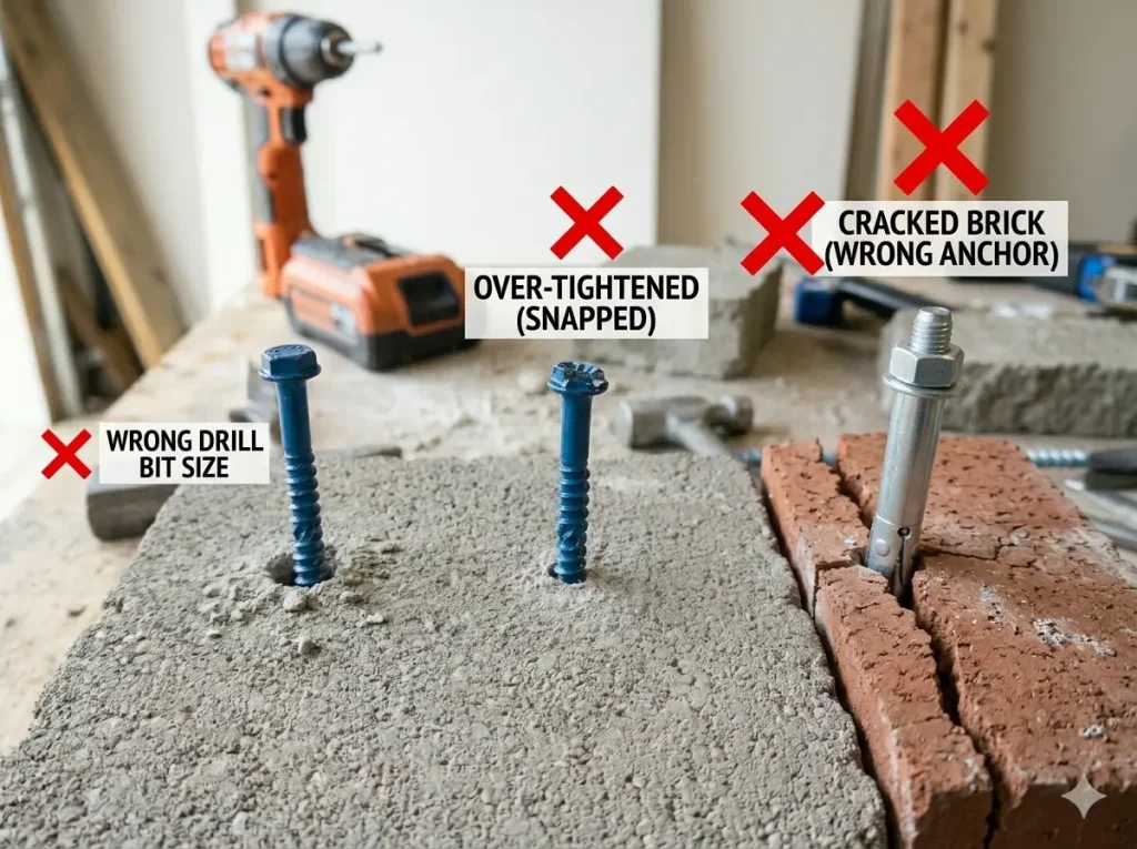 Essential Secrets for Tapcon Screws vs Concrete Anchors: A technical failure analysis visualization on a concrete block and red brick. Labeled errors include a blue Tapcon screw with a loose fit from an incorrect drill bit size, a snapped Tapcon head from over-tightening, and a heavy-duty silver wedge anchor causing structural cracks in a brick wall due to excessive expansion pressure, shot in a 4:3 ratio to maintain workshop continuity with the series.