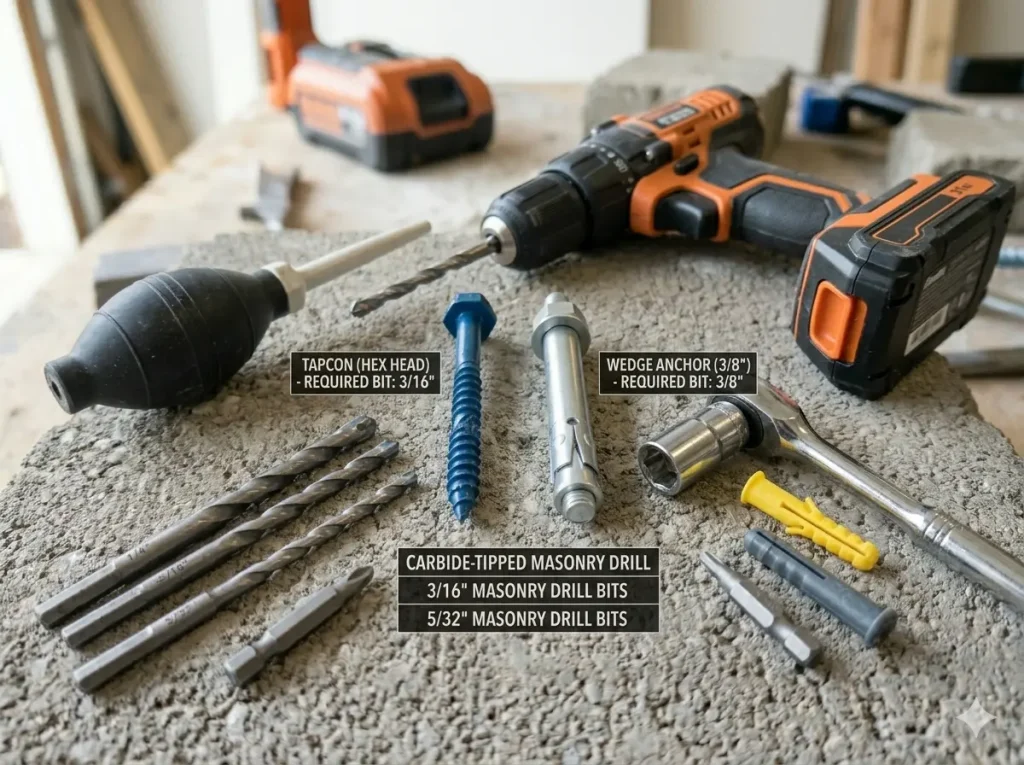 Essential Secrets for Tapcon Screws vs Concrete Anchors Tools: A professional 4:3 knolling layout on a concrete block featuring a hammer drill, a dust blow-out bulb, and carbide-tipped masonry bits. Labeled details specify the 3/16 inch bit required for hex-head Tapcons and the 3/8 inch bit needed for silver wedge expansion anchors, maintaining strict workshop continuity with the previous failure analysis and load capacity diagrams.