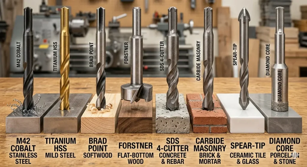 A technical infographic comparing the heat resistance of High-Speed Steel (HSS) and 8% Cobalt (M42) drill bits. The diagram shows M42 Cobalt remaining stable at 1,000°F, while HSS suffers loss of temper and softening at 600°F.    Best Drill Bit for Every Material