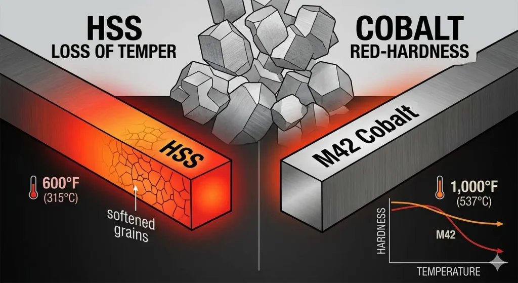 A technical infographic comparing the heat resistance of High-Speed Steel (HSS) and 8% Cobalt (M42) drill bits. The diagram shows M42 Cobalt remaining stable at 1,000°F, while HSS suffers loss of temper and softening at 600°F.