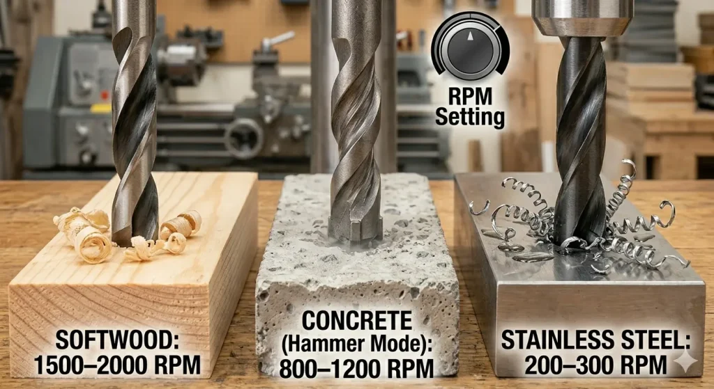 A realistic workshop photograph demonstrating three different drill bits engaged with materials. From left to right: a bit in softwood at 1500-2000 RPM, a masonry bit in concrete (Hammer Mode) at 800-1200 RPM, and a Cobalt bit in stainless steel at 200-300 RPM. An "RPM Setting" dial icon is shown in the background for context.