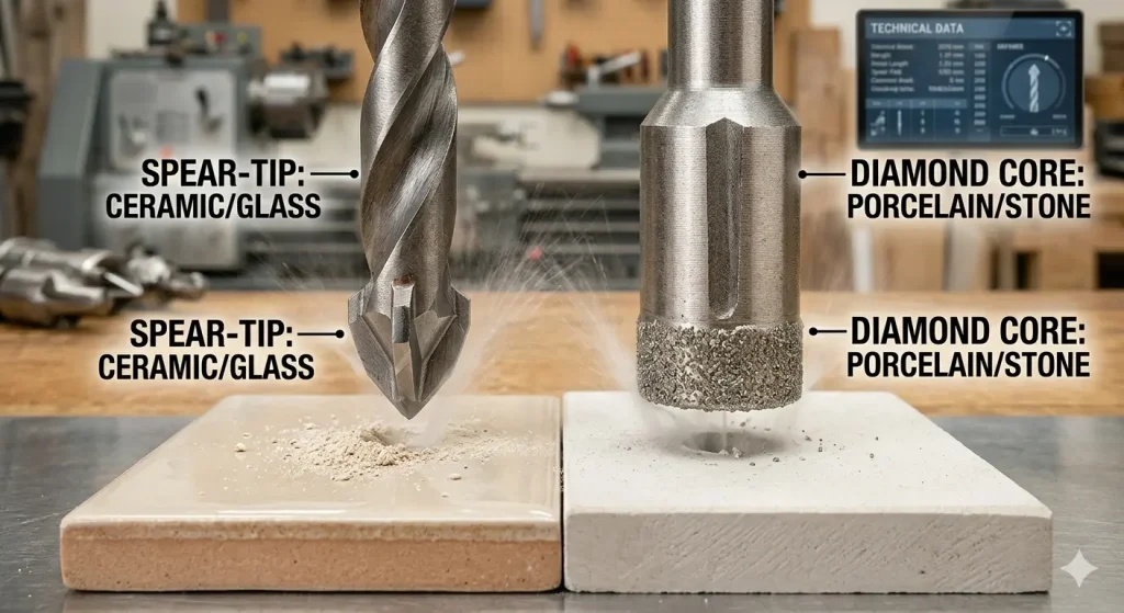A high-resolution realistic comparison of two specialty drill bits. On the left, a Carbide Spear-Tip bit is positioned over a ceramic tile. On the right, a Diamond Core bit is positioned over a thick porcelain slab. Labels clearly identify each bit and their corresponding recommended materials: Ceramic/Glass for the spear-tip and Porcelain/Stone for the diamond core.