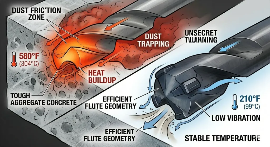 A technical infographic illustrating the thermodynamics of drilling failure. A 2-cutter standard bit is shown glowing red (visualizing intense friction and heat buildup) while failing in concrete. This is contrasted against a cooler, efficient 4-cutter SDS masonry bit that successfully evacuates dust, illustrating stable temperatures and optimized geometry.