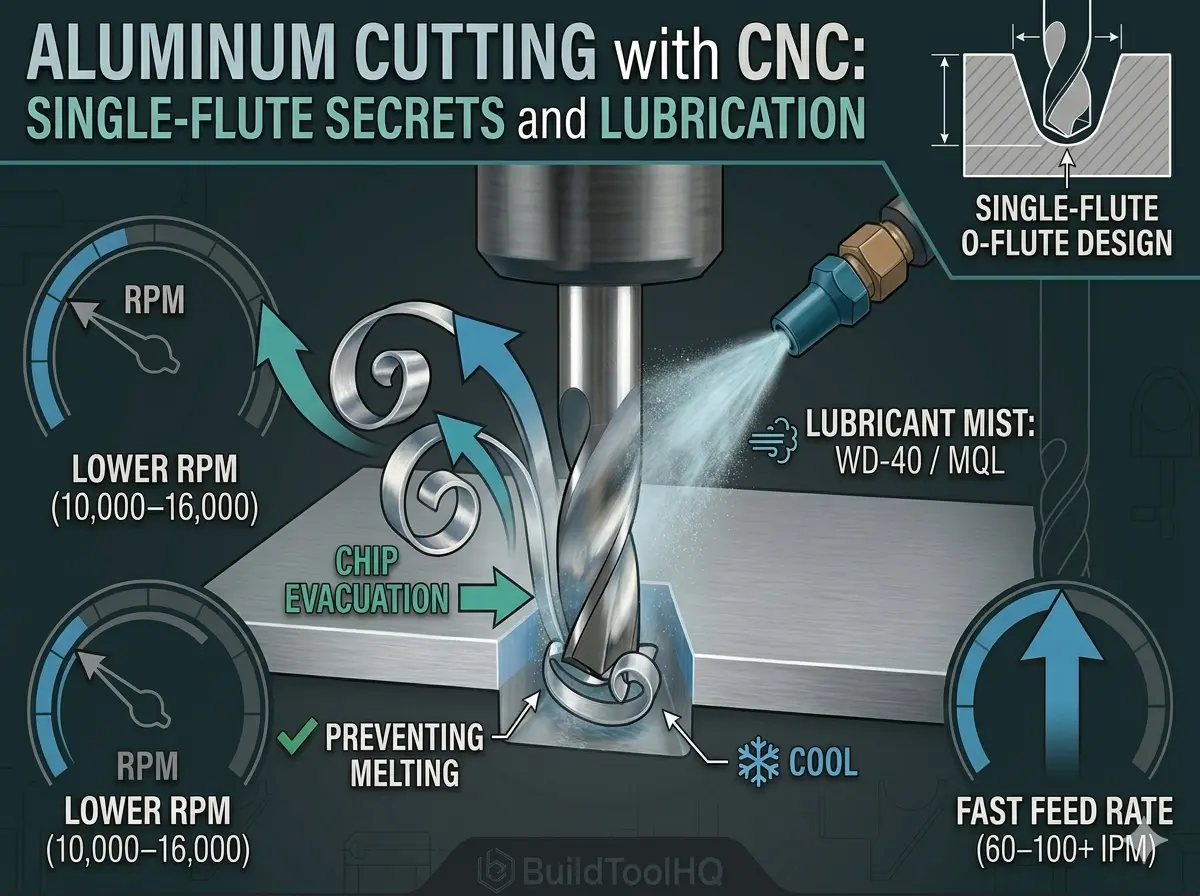 Featured image infographic (4:3 aspect ratio) for a guide on aluminum cutting with CNC, visualizing how a single-flute O-flute bit combines lower RPM and fast feed rates with mist lubrication to prevent melting and tool failure.