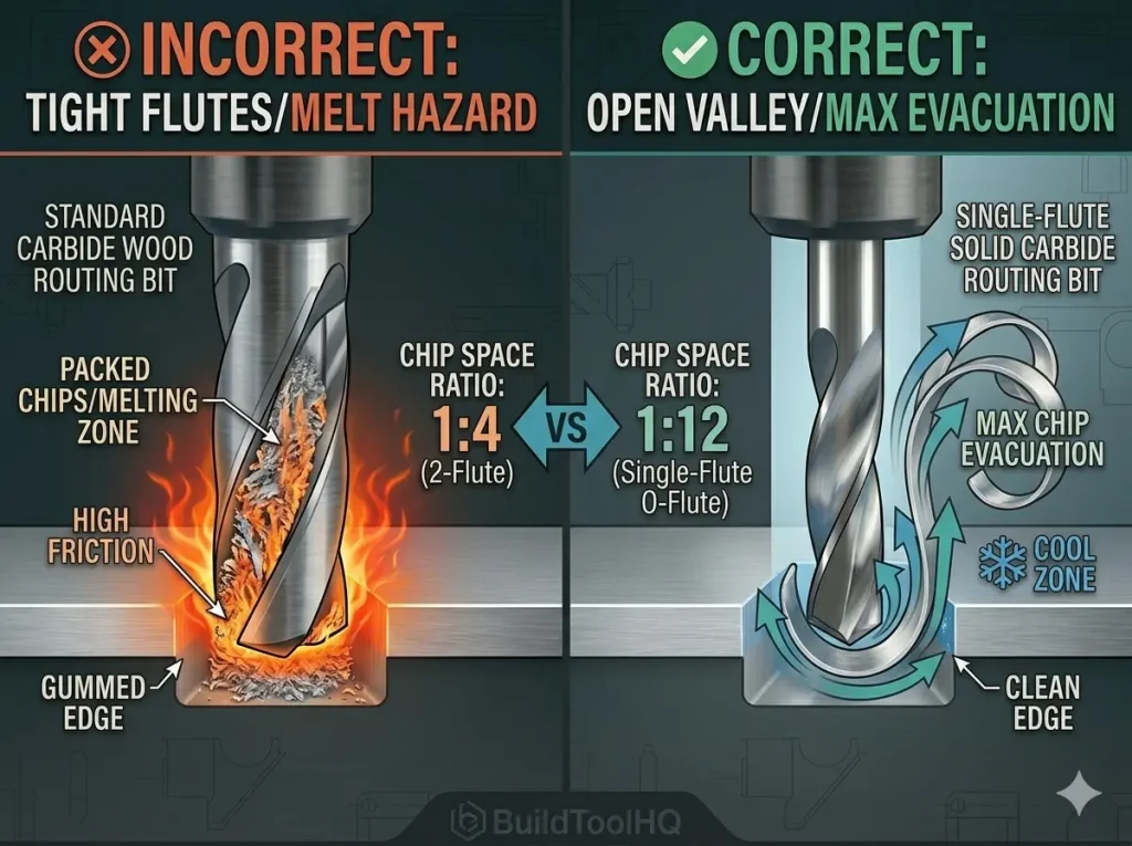 Comparison diagram showing why single-flute O-flute bits are necessary for aluminum cutting with CNC, contrasting massive chip evacuation space vs. a standard 2-flute bit clogging and melting.