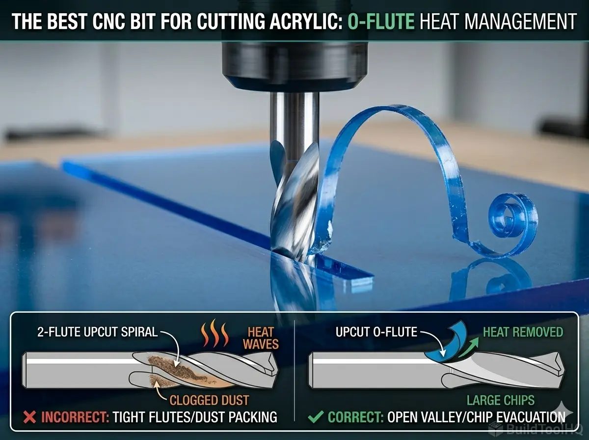 CNC machine actively slicing through blue acrylic using a single-flute upcut O-flute bit, showing perfect chip evacuation and no melting.