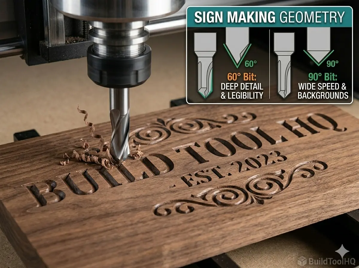 CNC machine actively carving crisp, sharp, beveled text into walnut wood using the best V-carve bits for signs.