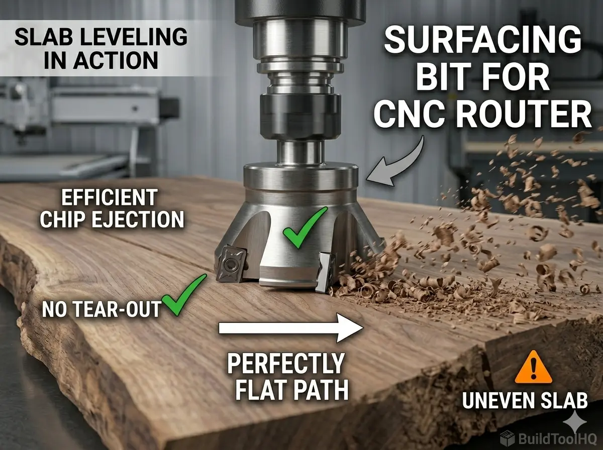 Indexable surfacing bit for CNC router with replaceable carbide inserts leveling a large walnut slab on BuildToolHQ guide.