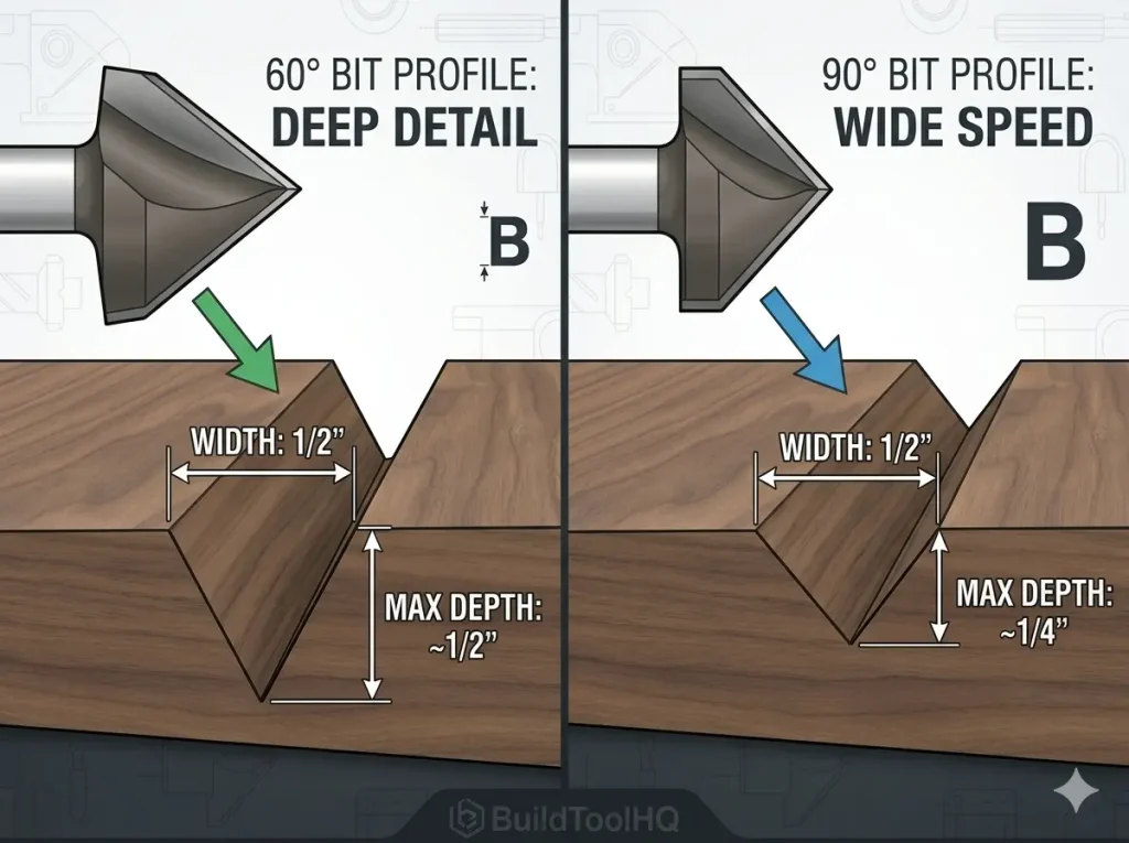 Comparison diagram of 60 degree and 90 degree V-bit geometry showing depth vs width dynamics for CNC sign making.