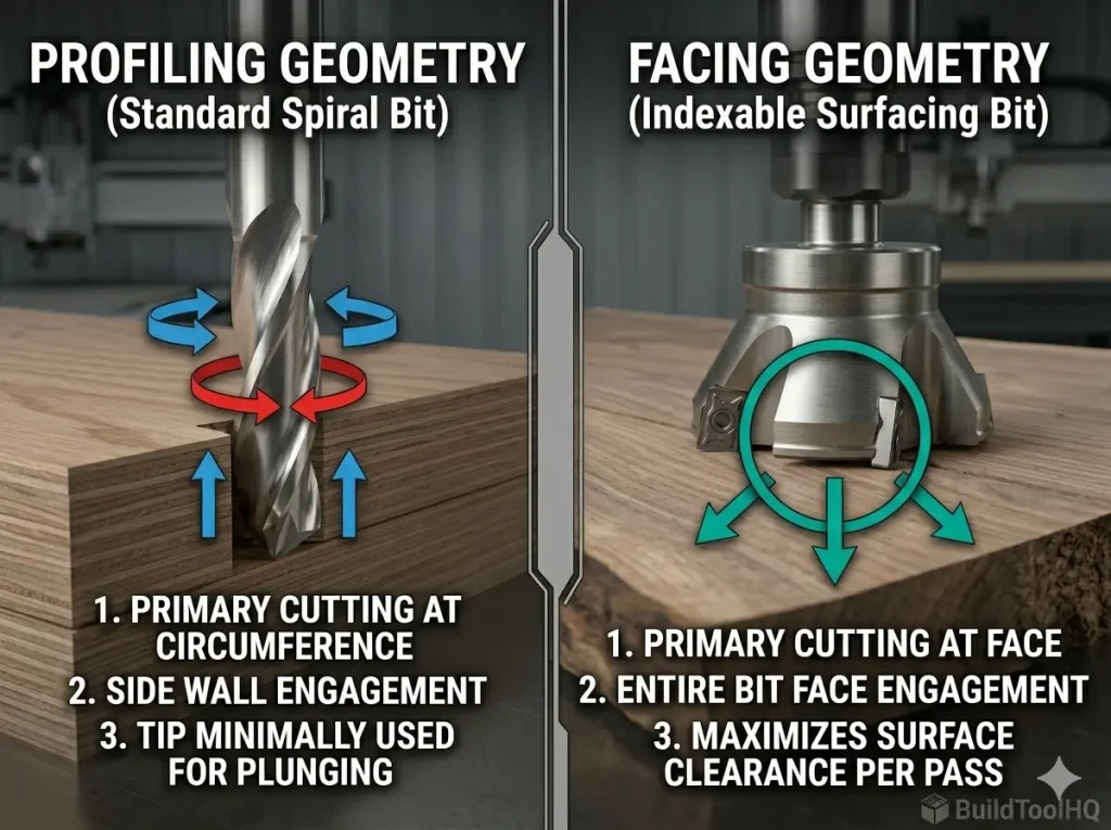 Diagram comparing facing geometry vs peripheral profiling geometry for CNC router bits.