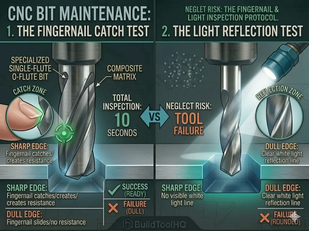 Technical infographic diagram visualizing the two critical 10-second inspection protocols: The Fingernail Catch Test (left, sharp catch) and The Light Reflection Test (right, sharp dark line vs dull white line), using the specific single-flute O-flute bit detailed in BuildToolHQ guide