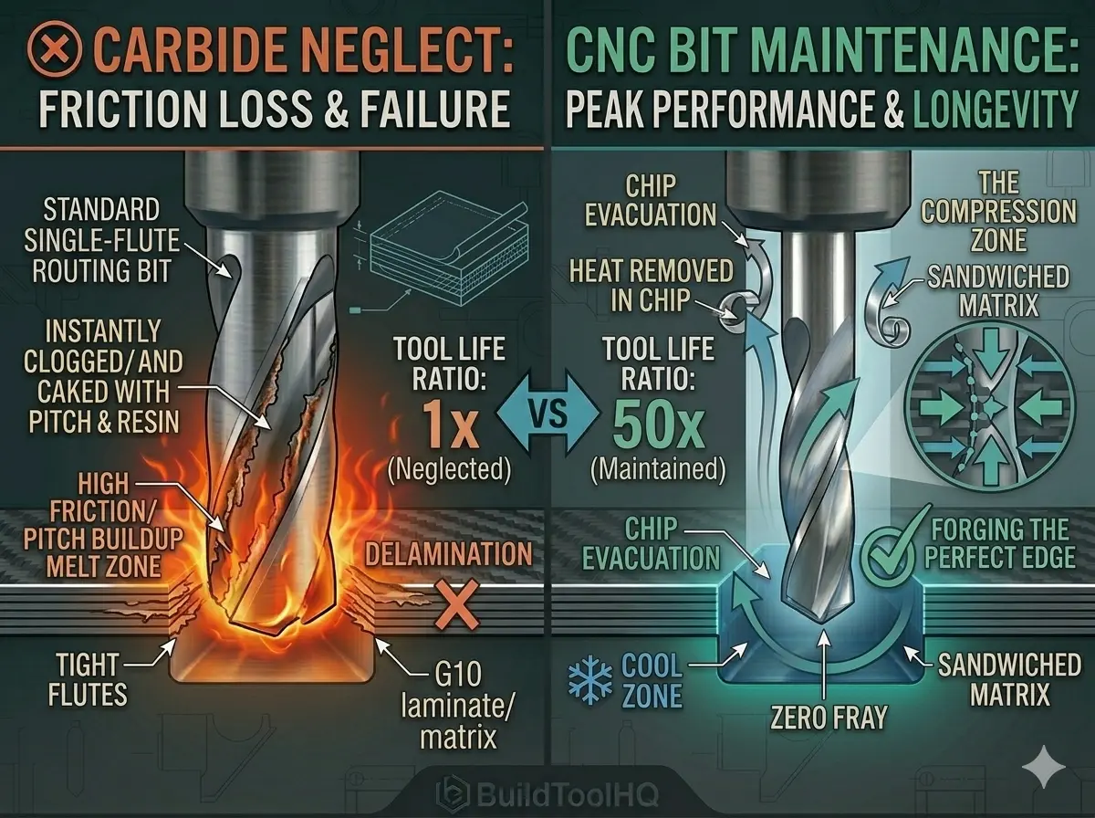 Featured infographic (4:3) visualizing the total CNC bit maintenance cycle, comparing a neglected, pitch-clogged carbide bit (friction loss) with a maintained, clean, and vertically stored bit (peak performance), highlighting up to 300 percent tool life extension.
