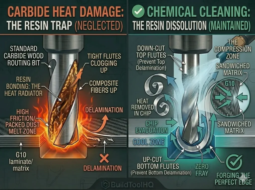 Comparison diagram visualizing a standard standard upcut bit (left, orange) vs. a PCD diamond compression bit (right, teal) cutting a G10 composite, physically proving how the compression zone prevents top and bottom delamination fraying.