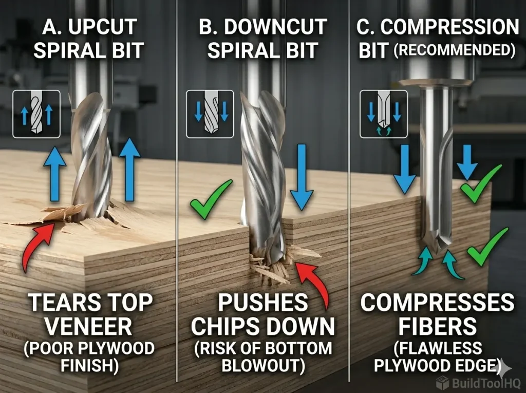 Technical comparison of chip flow geometry for standard upcut, downcut, and compression CNC bits for plywood.