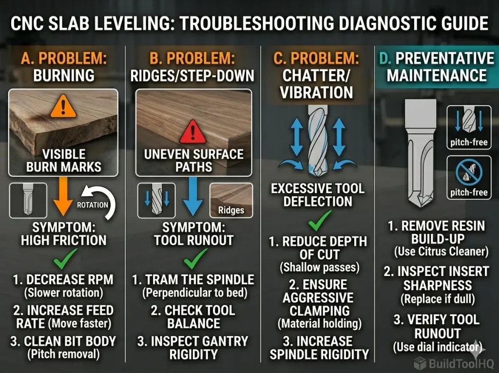 Troubleshooting chart for CNC slab leveling showing burning, ridges, and chatter fixes for BuildToolHQ guide.