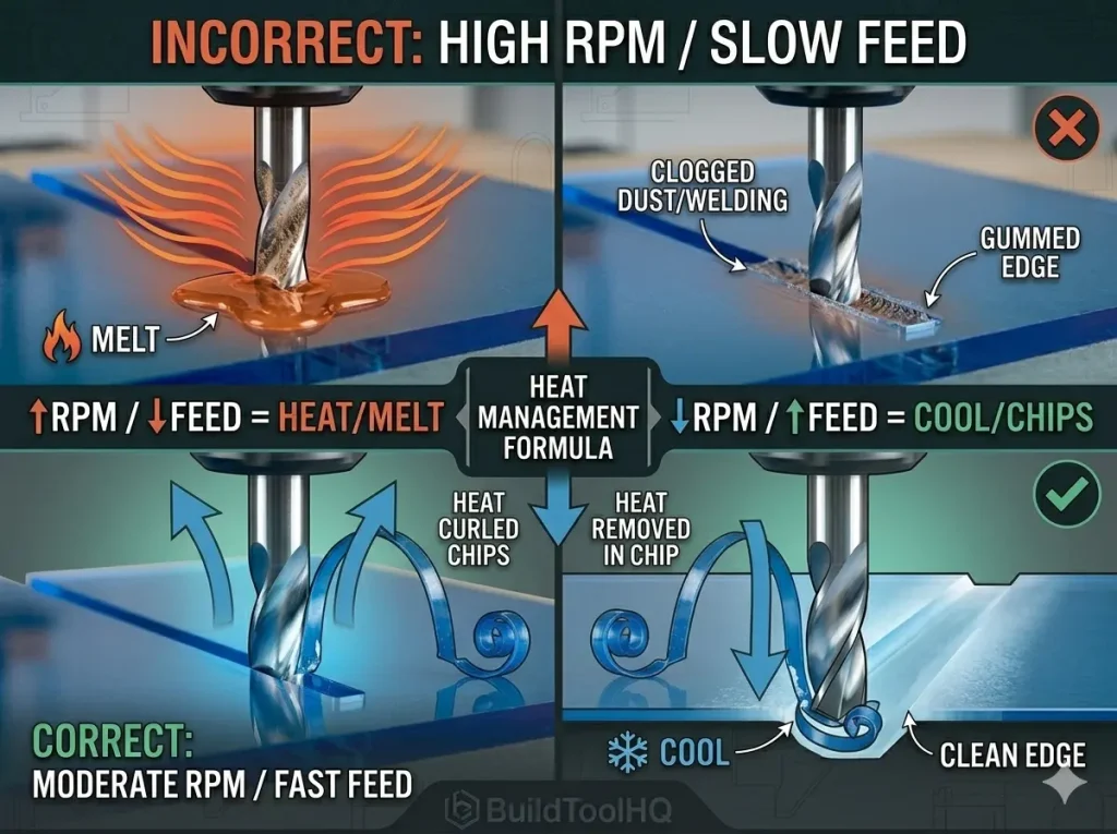 Visualization diagram comparing correct and incorrect CNC speeds and feeds for acrylic, showing heat management with O-flute bits and how chip load prevents melting.