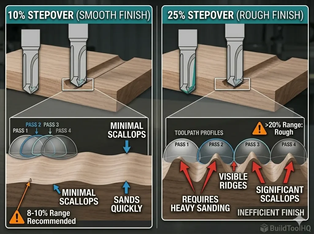 Ball Nose vs. Tapered Ball Nose : Comparison diagram of CNC stepover percentages showing the scalloping effect on a 3D surface.