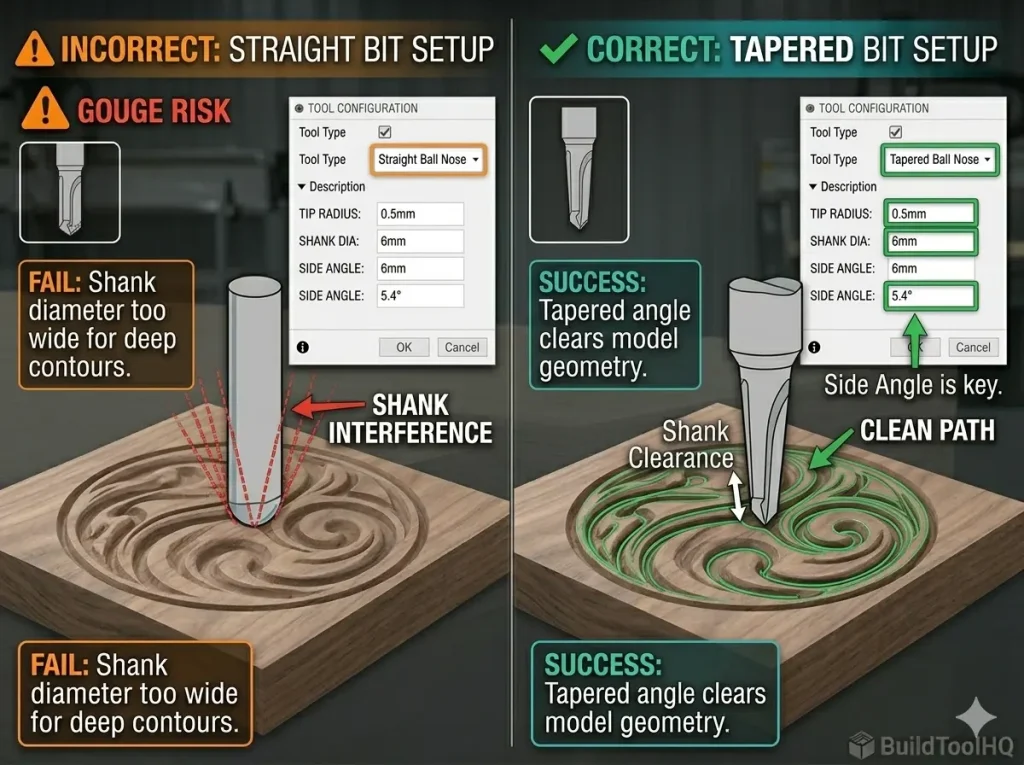 Comparison of correct and incorrect CNC software configuration settings for a tapered ball nose bit.