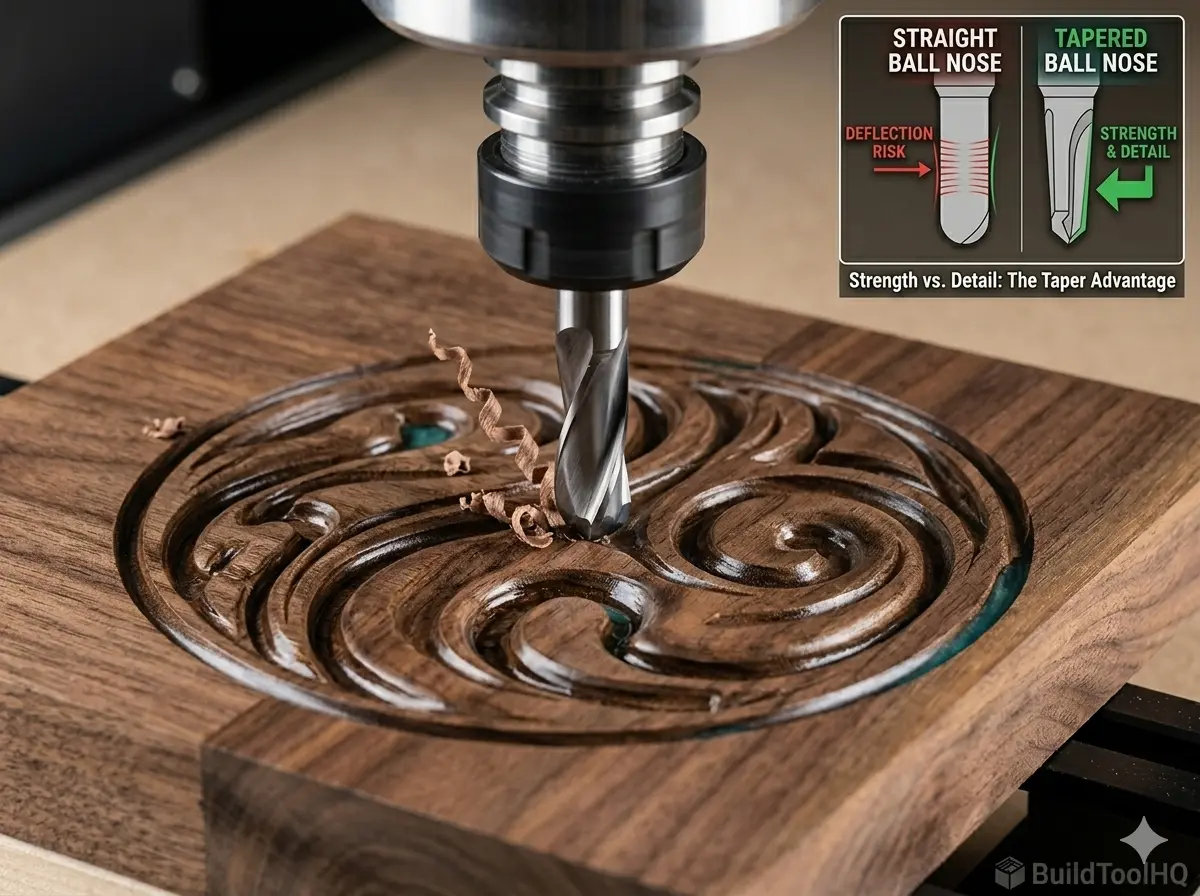 Comparison diagram of tool deflection risk between straight ball nose and tapered ball nose bits.