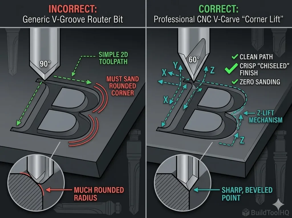 Comparison diagram of CNC V-carving corner lift movement comparison sharp vs rounded.