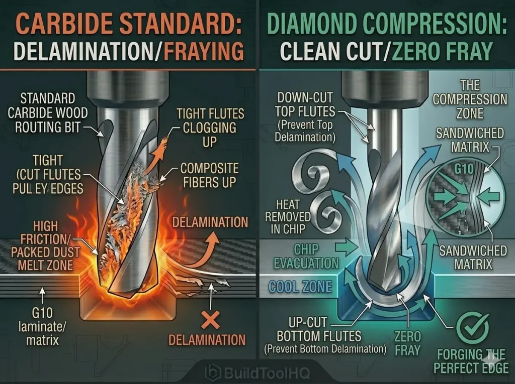 Comparison diagram visualizing a standard standard upcut bit (left, orange) vs. a PCD diamond compression bit (right, teal) cutting a G10 composite, physically proving how the compression zone prevents top and bottom delamination fraying.
