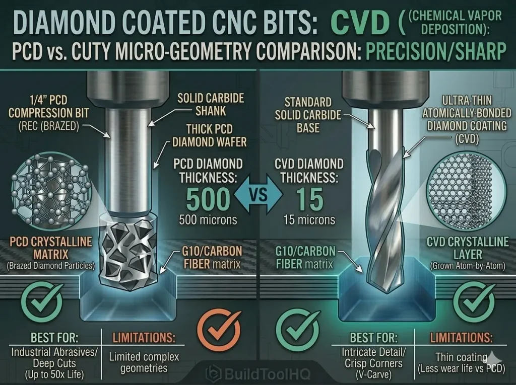 Comparison diagram (4:3) visualizing the micro-geometry differences of diamond coated CNC bits, contrasting the heterogeneous structure of brazed PCD wafers with the perfectly layered atomic structure of a grown CVD diamond coating.