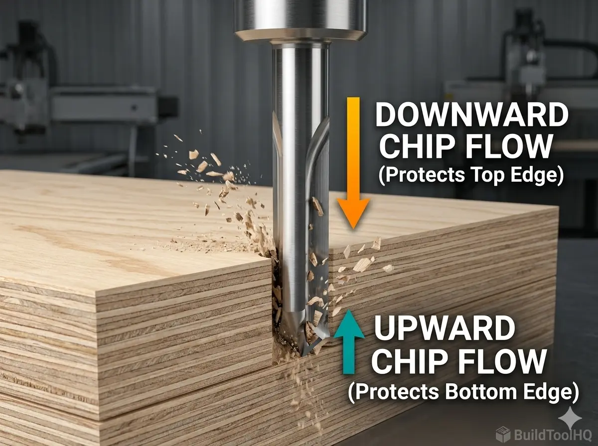 Compression CNC router bit cutting perfectly clean Baltic Birch plywood edge for Best CNC Bits for Plywood guide.
